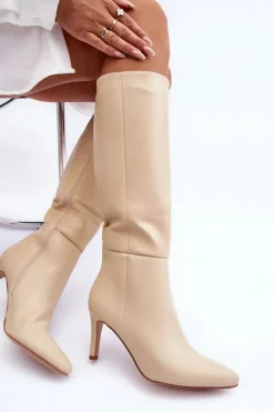 Skórzane Kozaki Na Szpilce Przed Kolano Beżowe Serpens