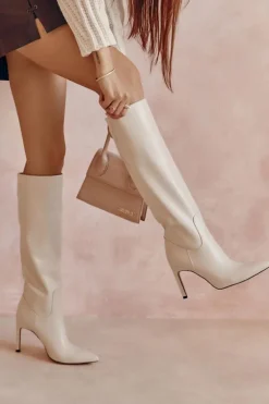 Skórzane Kozaki Na Szpilce Beżowe Rissa