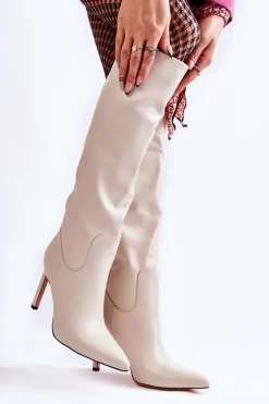 Skórzane Kozaki Na Szpilce Beżowe Rissa