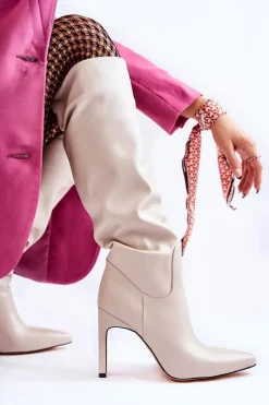 Skórzane Kozaki Na Szpilce Beżowe Rissa