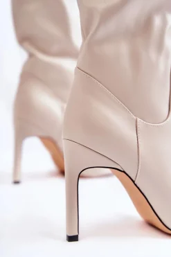 Skórzane Kozaki Na Szpilce Beżowe Rissa