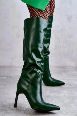 Skórzane Kozaki Na Szpilce Zielone Rissa