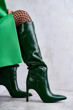 Skórzane Kozaki Na Szpilce Zielone Rissa
