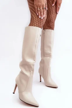 Skórzane Kozaki Na Szpilce Beżowe Melisandra