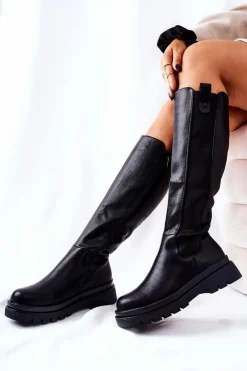 Skórzane Kozaki Ocieplane Czarne Panaris