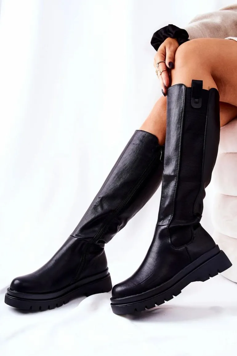 Skórzane Kozaki Ocieplane Czarne Panaris