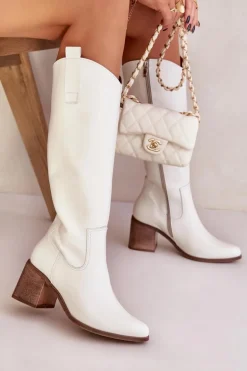 Skórzane Kozaki Przed Kolano Na Słupku Zazoo 3675 Białe