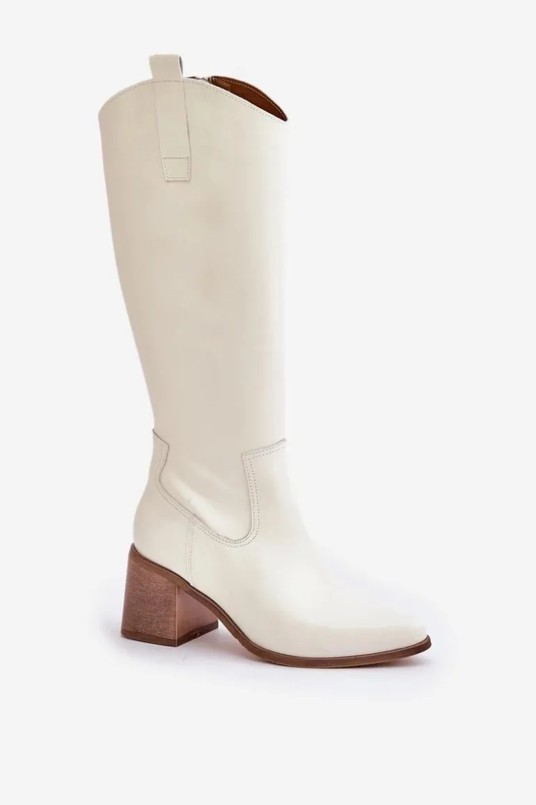 Skórzane Kozaki Przed Kolano Na Słupku Zazoo 3675 Białe