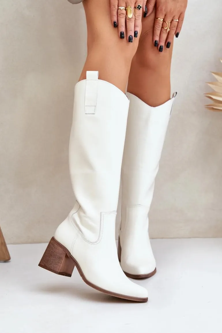 Skórzane Kozaki Przed Kolano Na Słupku Zazoo 3675 Białe