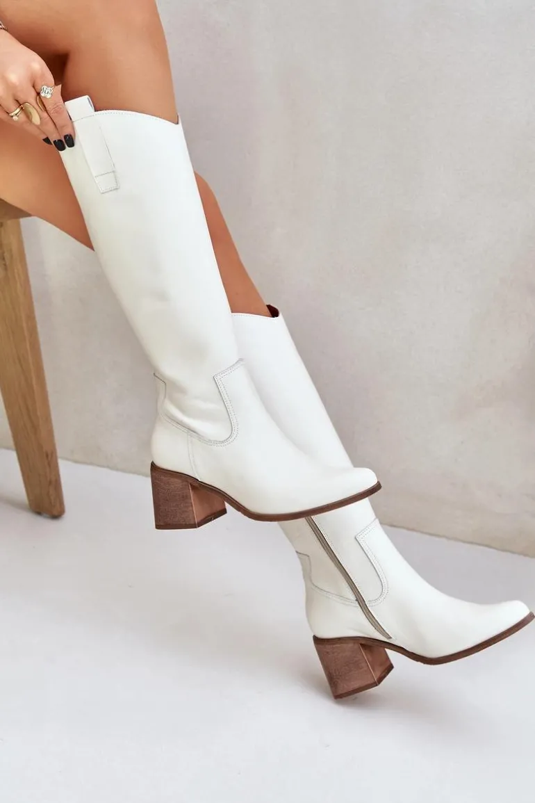 Skórzane Kozaki Przed Kolano Na Słupku Zazoo 3675 Białe