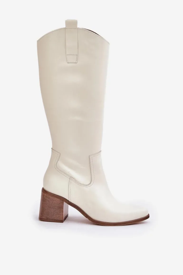 Skórzane Kozaki Przed Kolano Na Słupku Zazoo 3675 Białe