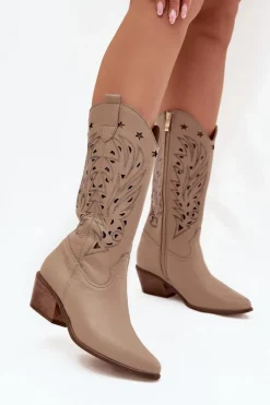 Skórzane Kozaki Z Ażurową Cholewką Zazoo 3714 Ciemnobeżowe