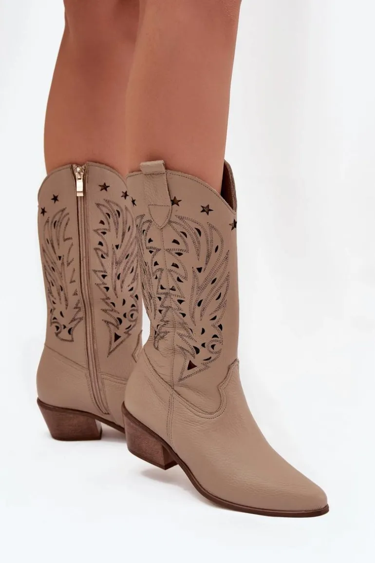 Skórzane Kozaki Z Ażurową Cholewką Zazoo 3714 Ciemnobeżowe