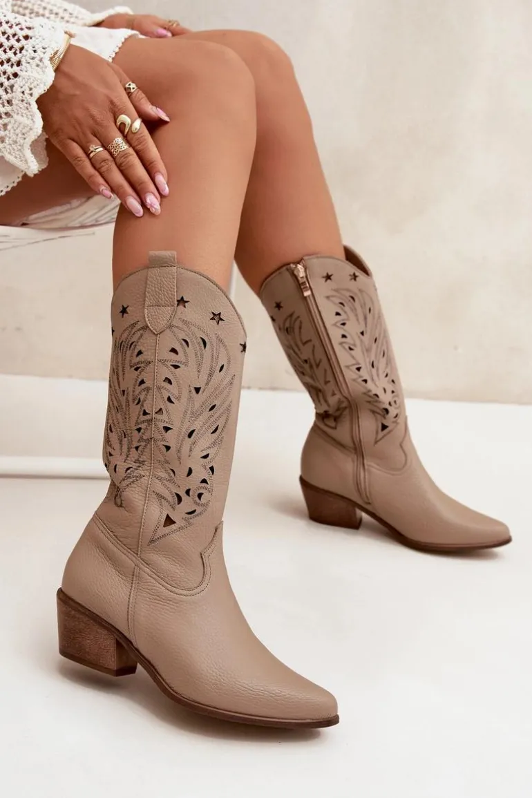 Skórzane Kozaki Z Ażurową Cholewką Zazoo 3714 Ciemnobeżowe