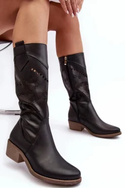 Skórzane Kozaki Z Ażurowym Wzorem Czarne Sierra