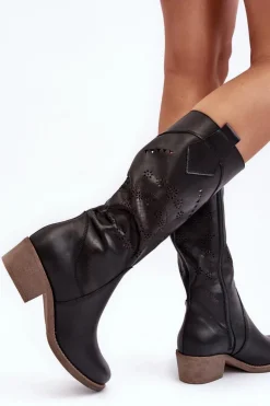 Skórzane Kozaki Z Ażurowym Wzorem Czarne Sierra