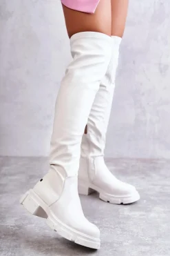 Skórzane Kozaki Za Kolano Na Płaskim Obcasie GOE KK2N4022 Białe