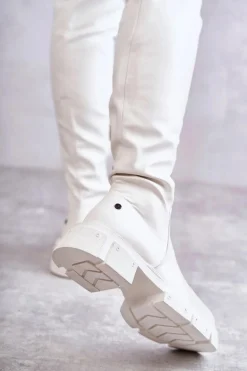 Skórzane Kozaki Za Kolano Na Płaskim Obcasie GOE KK2N4022 Białe