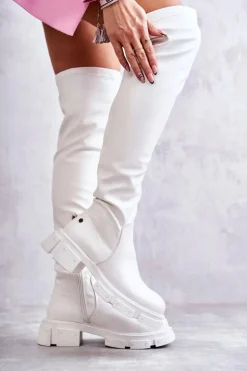 Skórzane Kozaki Za Kolano Na Płaskim Obcasie GOE KK2N4022 Białe