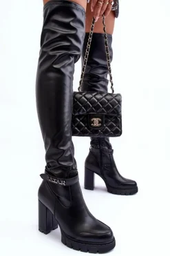 Skórzane Kozaki Za Kolano Na Masywnym Słupku Czarne Kytia