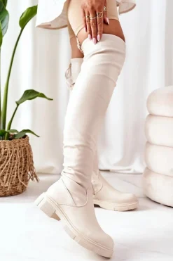 Skórzane Kozaki Za Kolano Beżowe Selina