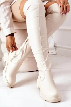 Skórzane Kozaki Za Kolano Beżowe Selina