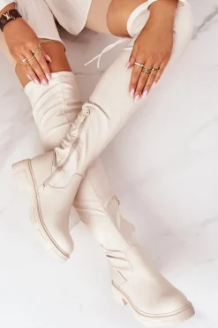 Skórzane Kozaki Za Kolano Beżowe Selina