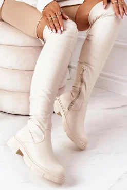 Skórzane Kozaki Za Kolano Beżowe Selina