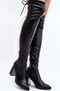 Skórzane Kozaki Za Kolano Na Słupku Czarne Amalitas