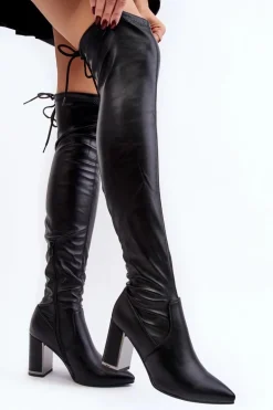 Skórzane Kozaki Za Kolano Na Słupku Czarne Amalitas