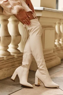 Skórzane Kozaki Za Kolano Na Słupku Jasnobeżowe Amalitas