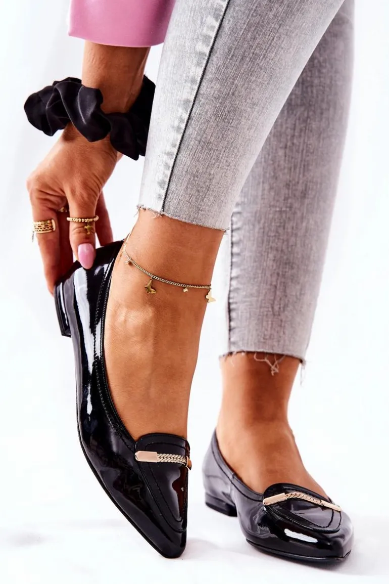 Skórzane Lakierowane Baleriny Monnari 0160-020 Czarne