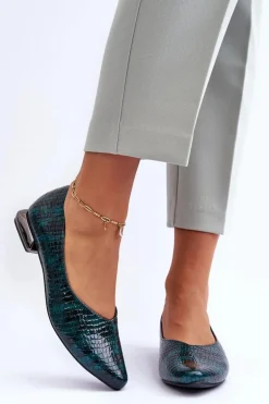 Skórzane Lakierowane Baleriny Na Płaskim Obcasie Ciemnozielone Vaani