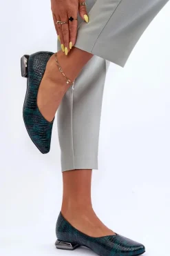 Skórzane Lakierowane Baleriny Na Płaskim Obcasie Ciemnozielone Vaani