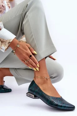 Skórzane Lakierowane Baleriny Na Płaskim Obcasie Ciemnozielone Vaani