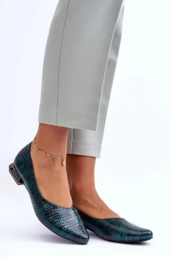 Skórzane Lakierowane Baleriny Na Płaskim Obcasie Ciemnozielone Vaani