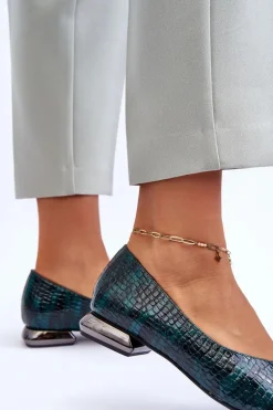 Skórzane Lakierowane Baleriny Na Płaskim Obcasie Ciemnozielone Vaani