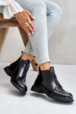 Skórzane Lakierowane Botki Damskie Na Zamek D&A JC42-24 Czarne