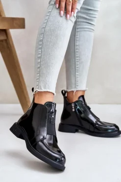 Skórzane Lakierowane Botki Damskie Na Zamek D&A JC42-24 Czarne