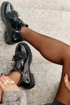 Skórzane Lakierowane Botki Z Ozdobą Ocieplane D&A LZ42-036 Czarne