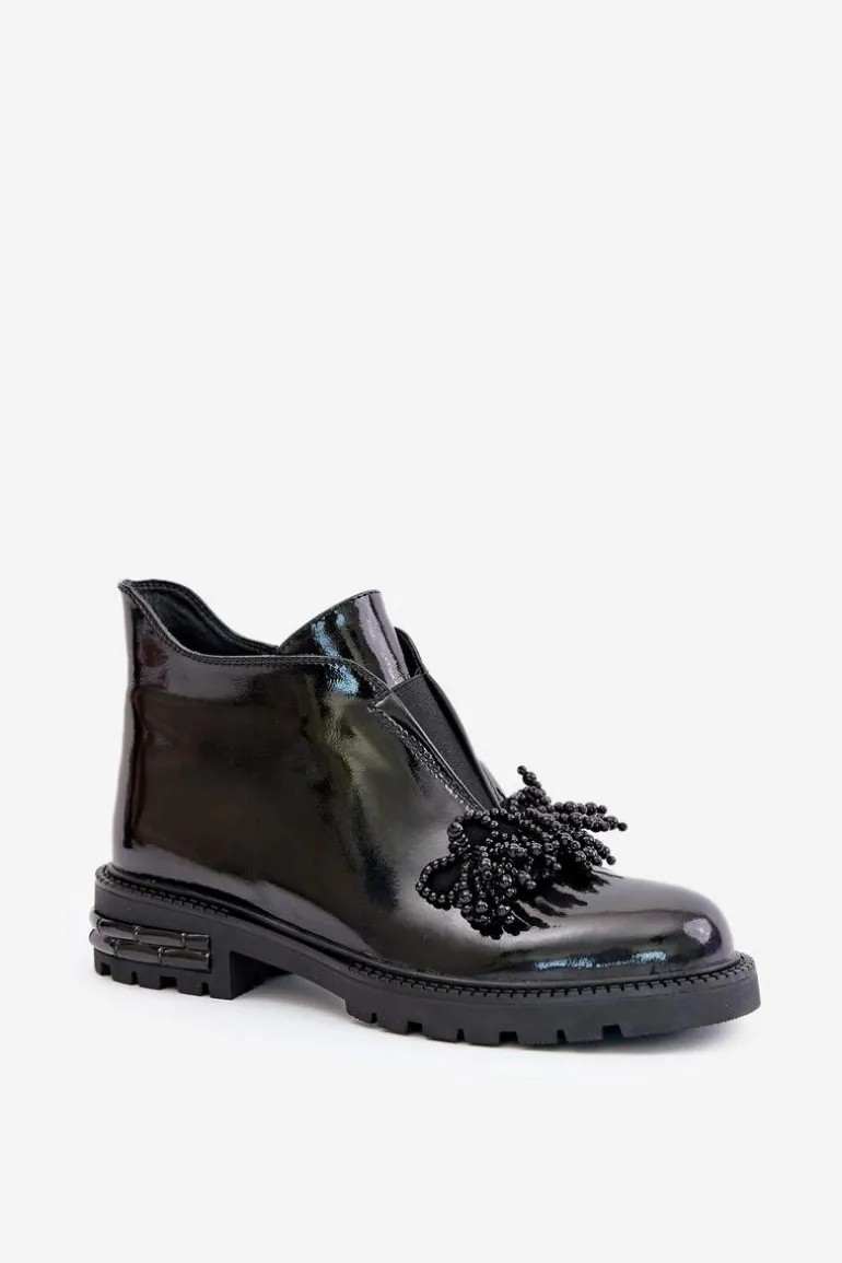 Skórzane Lakierowane Botki Z Ozdobą Ocieplane D&A LZ42-036 Czarne