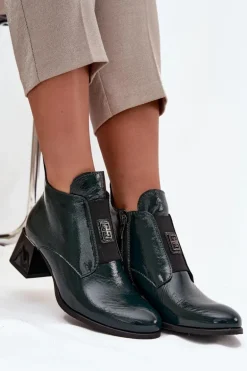 Skórzane Lakierowane Botki Na Klocku Z Ozdobnym Detalem Ocieplane Zazoo 60560 Ciemnozielone