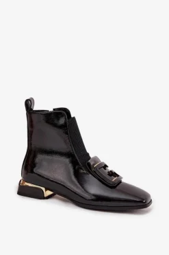 Skórzane Lakierowane Botki Damskie Na Niskim Obcasie Z Ozdobą D&A MR52-216 Czarne