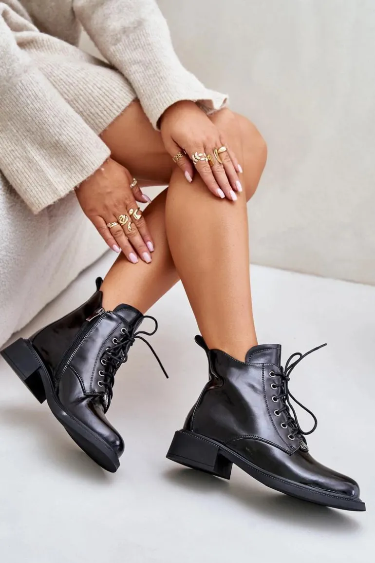 Skórzane Lakierowane Botki Z Ociepleniem Czarne Bellani