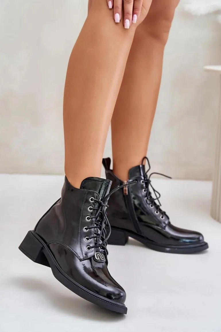 Skórzane Lakierowane Botki Z Ociepleniem Czarne Bellani