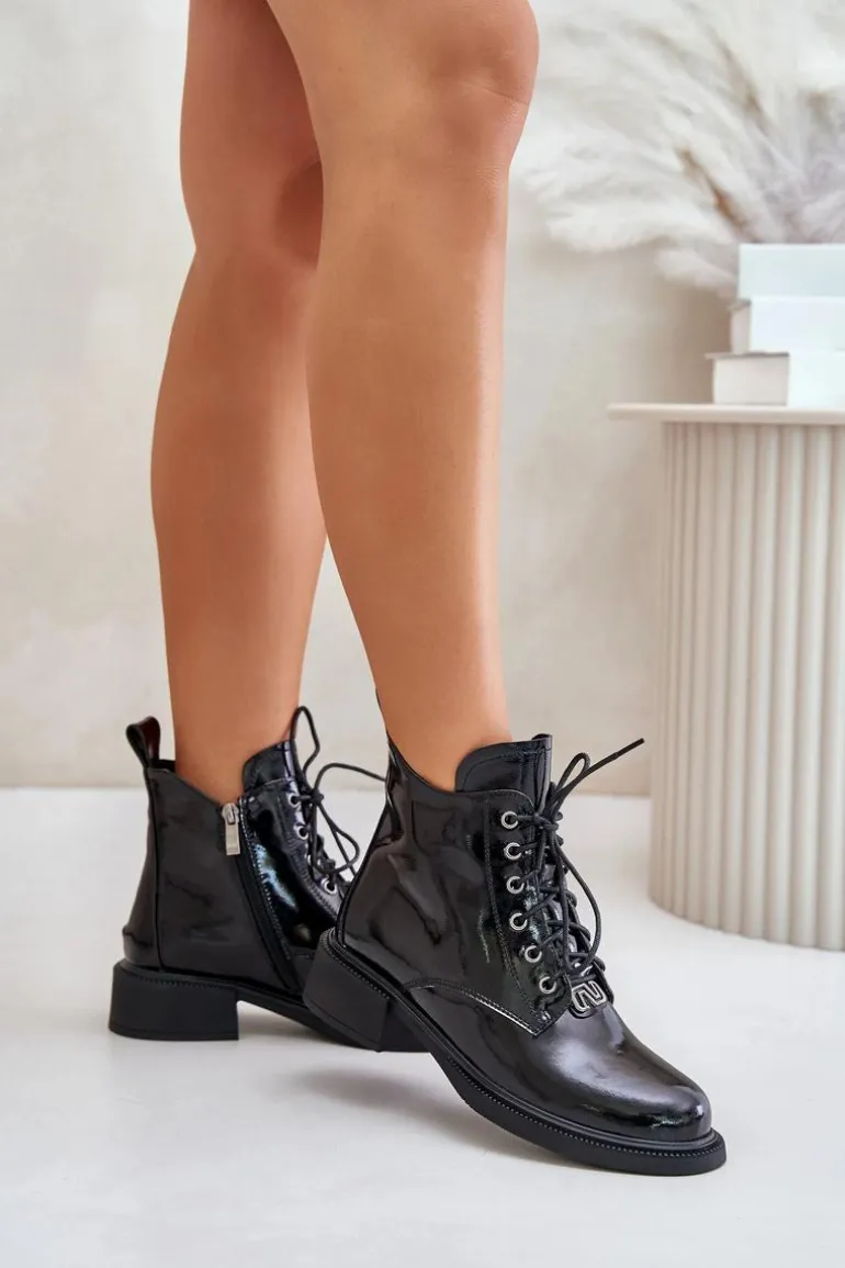 Skórzane Lakierowane Botki Z Ociepleniem Czarne Bellani