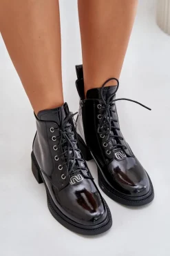 Skórzane Lakierowane Botki Z Ociepleniem Czarne Bellani