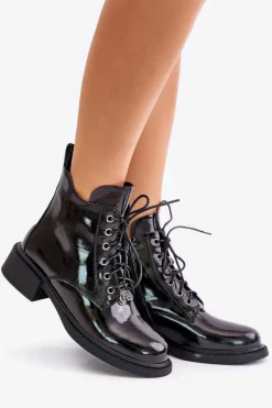 Skórzane Lakierowane Botki Z Ociepleniem Czarne Bellani