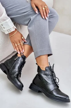 Skórzane Lakierowane Botki Damskie Ocieplane Na Zamek D&A LZ42-042 Ciemnozielone