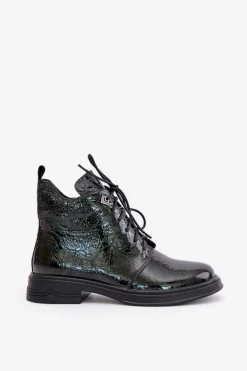 Skórzane Lakierowane Botki Damskie Ocieplane Na Zamek D&A LZ42-042 Ciemnozielone